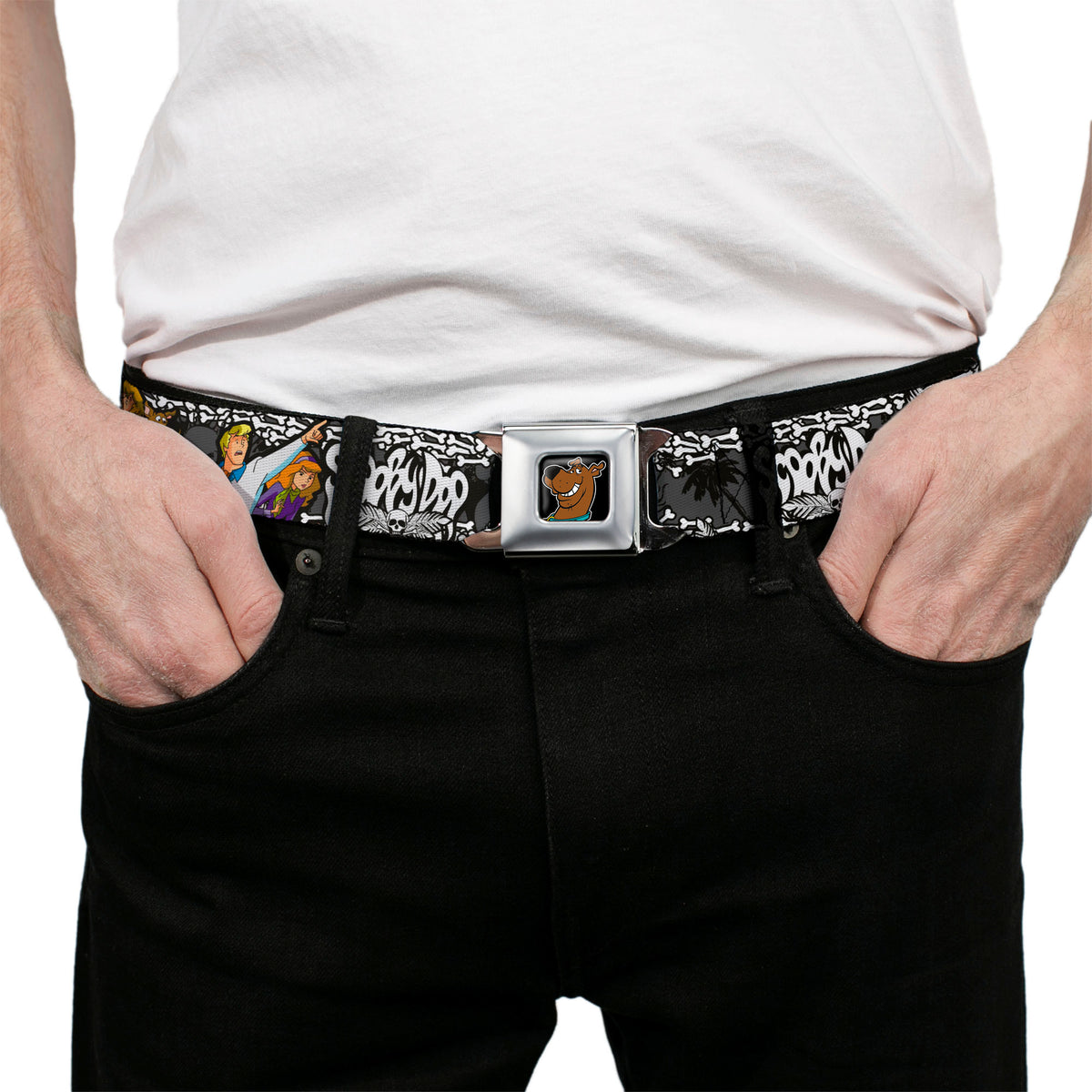Scooby Doo Face Full Color Black Seatbelt Belt - SCOOBY DOO Group Pose/Bones Webbing Seatbelt Belts Scooby Doo