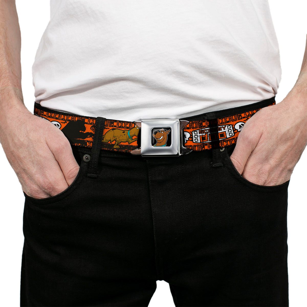 Scooby Doo Face Full Color Black Seatbelt Belt - SCOOBY DOO Running Chase Orange/Black/White Webbing Seatbelt Belts Scooby Doo