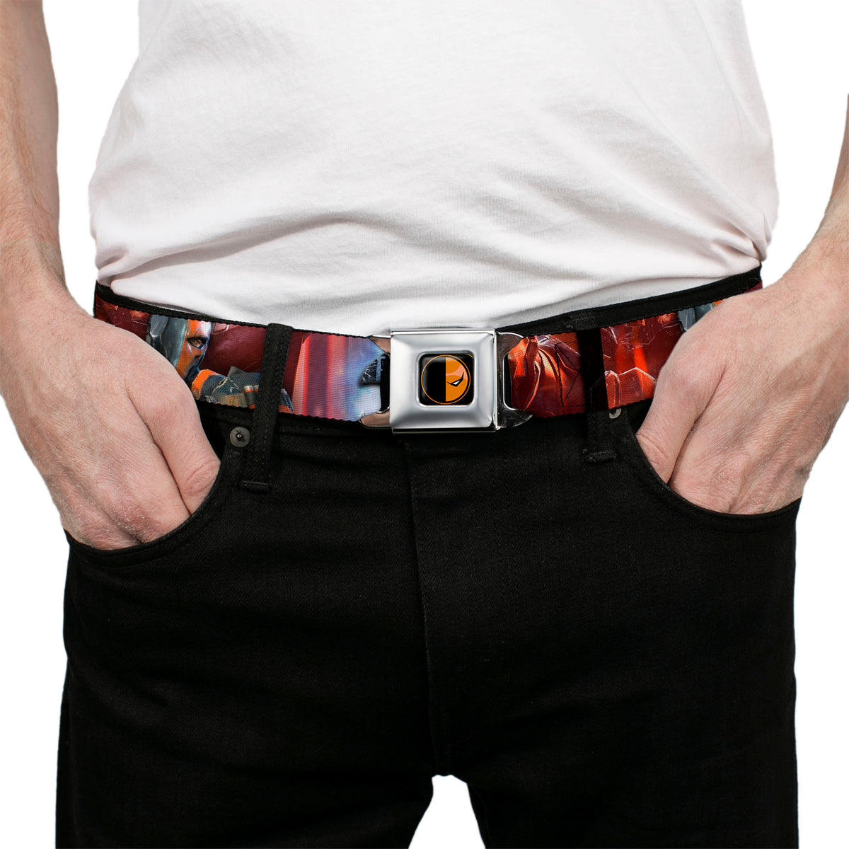 Deadstroke Logo Full Color Black Red White Seatbelt Belt - DEATHSTROKE Pose/BATMAN ARKHAM ORIGINS Logo Webbing Seatbelt Belts DC Comics