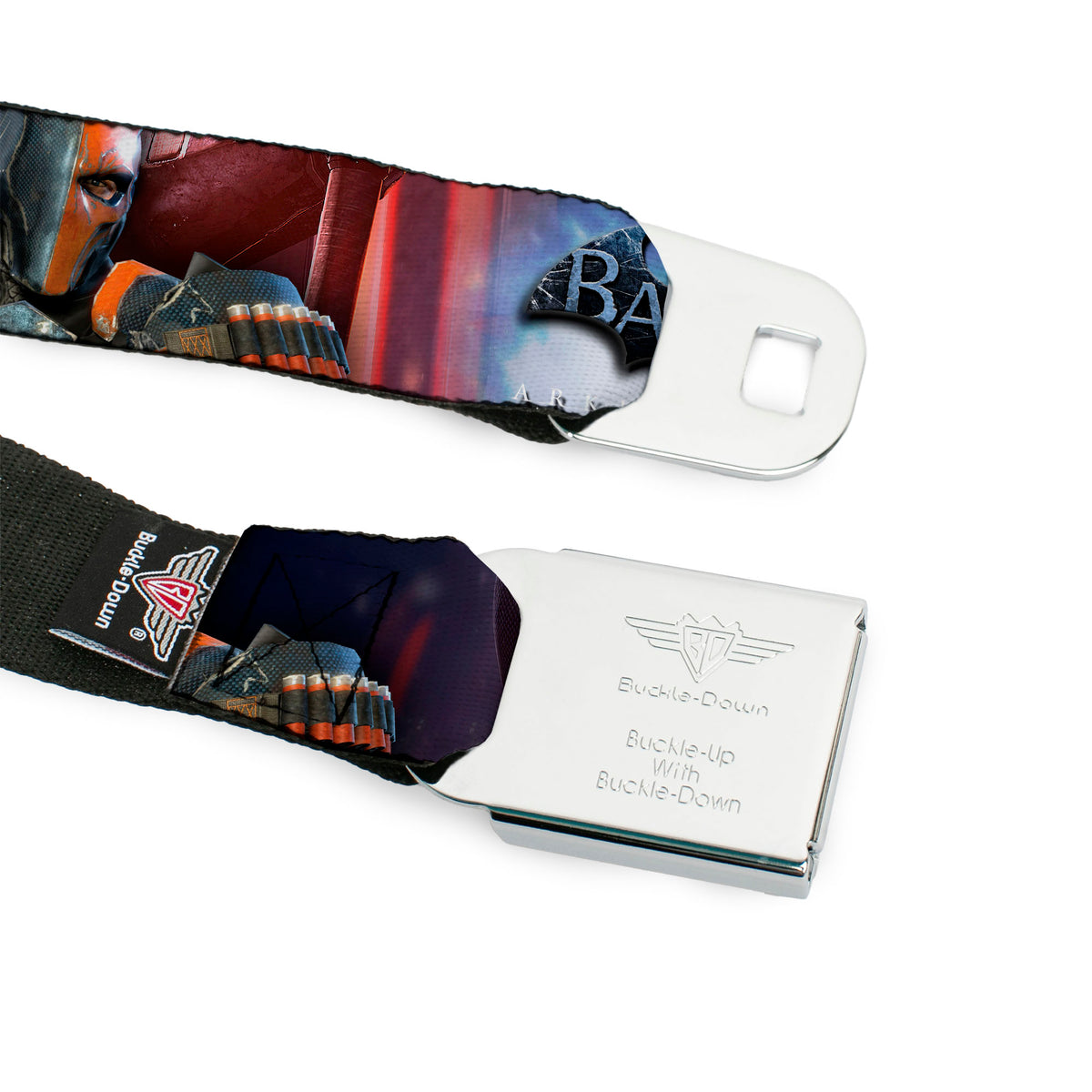 Deadstroke Logo Full Color Black Red White Seatbelt Belt - DEATHSTROKE Pose/BATMAN ARKHAM ORIGINS Logo Webbing Seatbelt Belts DC Comics