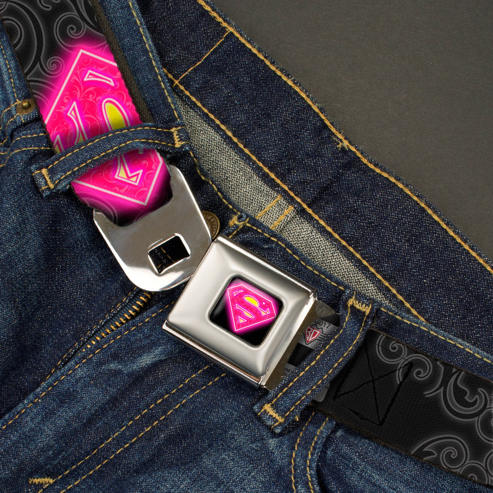 Electric Supergirl Shield Full Color Black Hot Pink Yellow Seatbelt Belt - Electric Supergirl Shield/Swirl Black/Gray/Hot Pink/Yellow Webbing Seatbelt Belts DC Comics