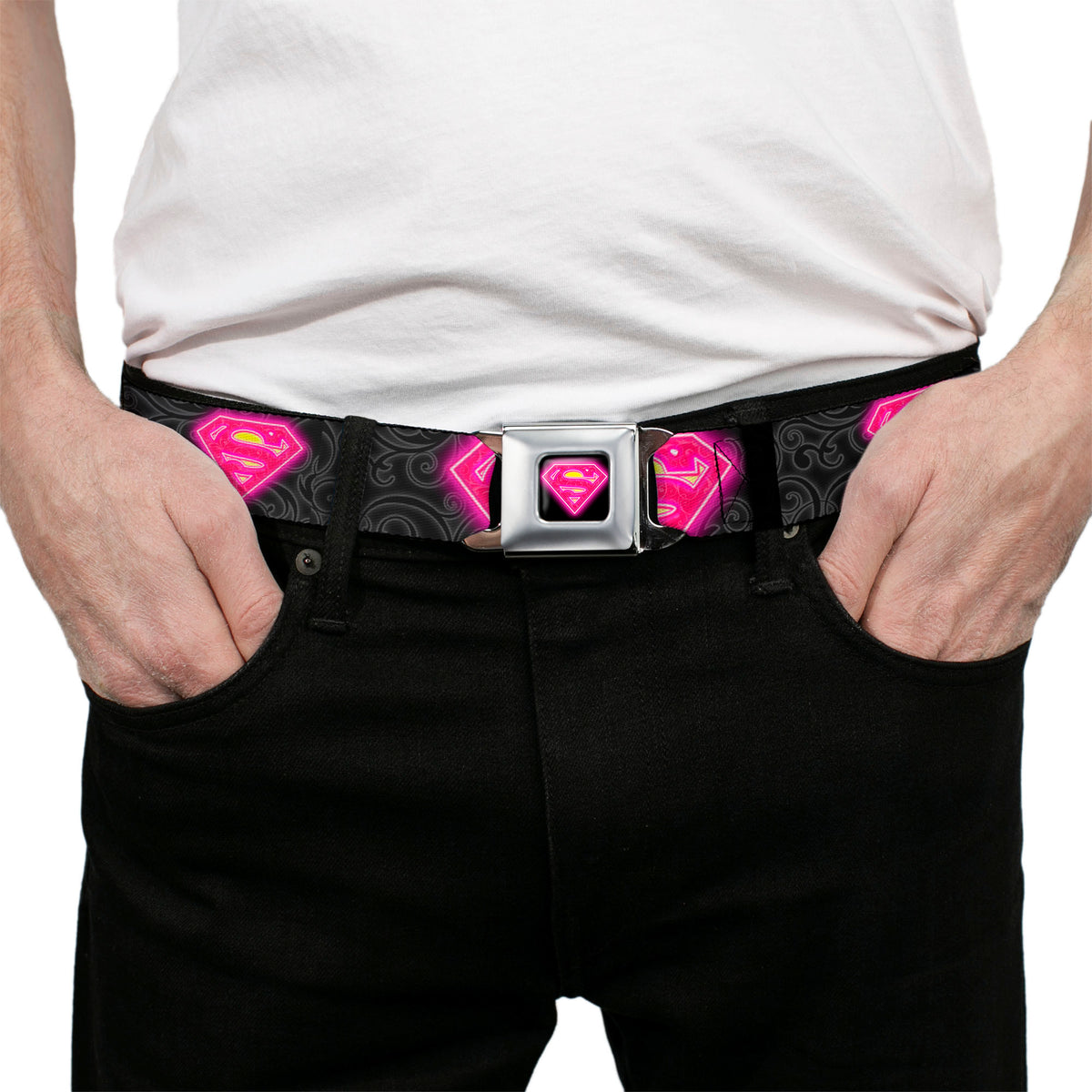 Electric Supergirl Shield Full Color Black Hot Pink Yellow Seatbelt Belt - Electric Supergirl Shield/Swirl Black/Gray/Hot Pink/Yellow Webbing Seatbelt Belts DC Comics