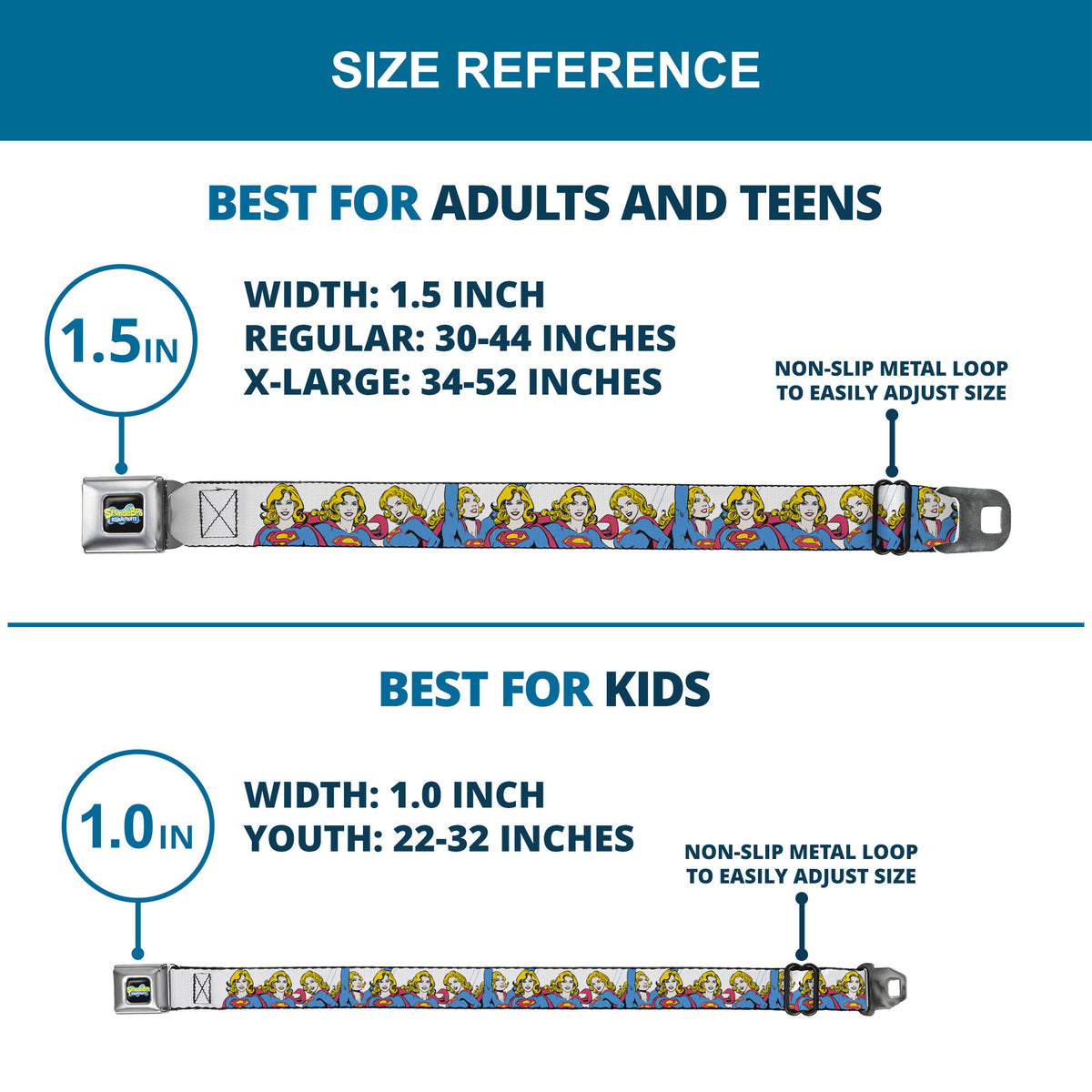 SUPERGIRL Title Full Color White/Multi Color Seatbelt Belt - Supergirl Four Poses Stack White Webbing Seatbelt Belts DC Comics