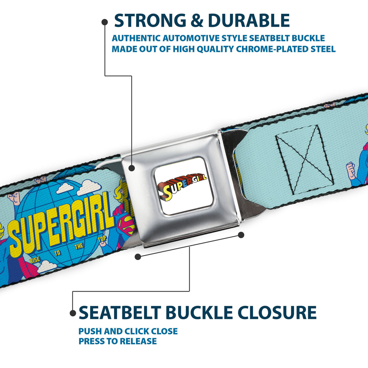 SUPERGIRL Title Full Color White/Multi Color Seatbelt Belt - SUPERGIRL RISE TO THE TOP Globe Pose Blues Webbing Seatbelt Belts DC Comics