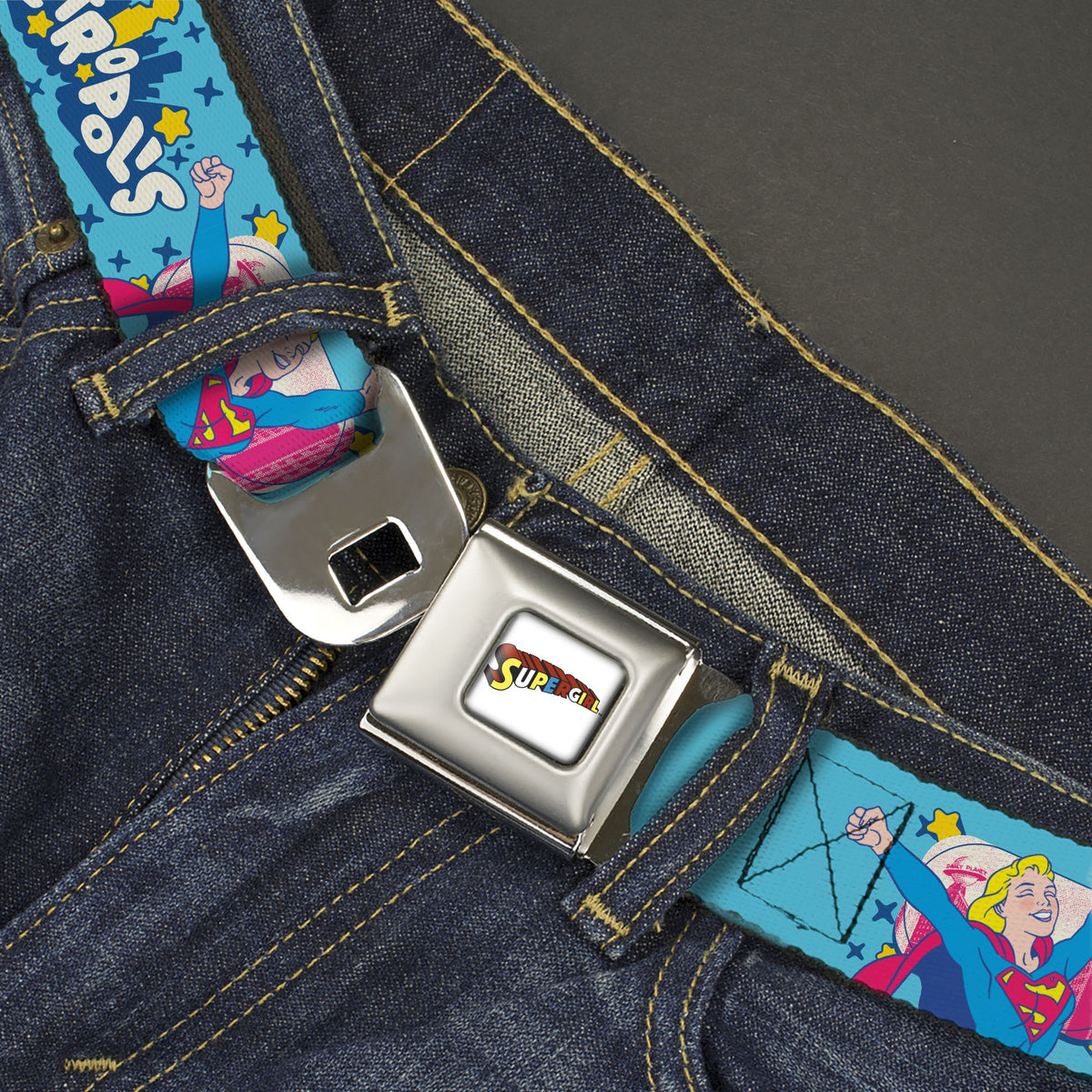 SUPERGIRL Title Full Color White/Multi Color Seatbelt Belt - Supergirl METROPOLIS Pop Art Pose Blues/Yellow/White Webbing Seatbelt Belts DC Comics