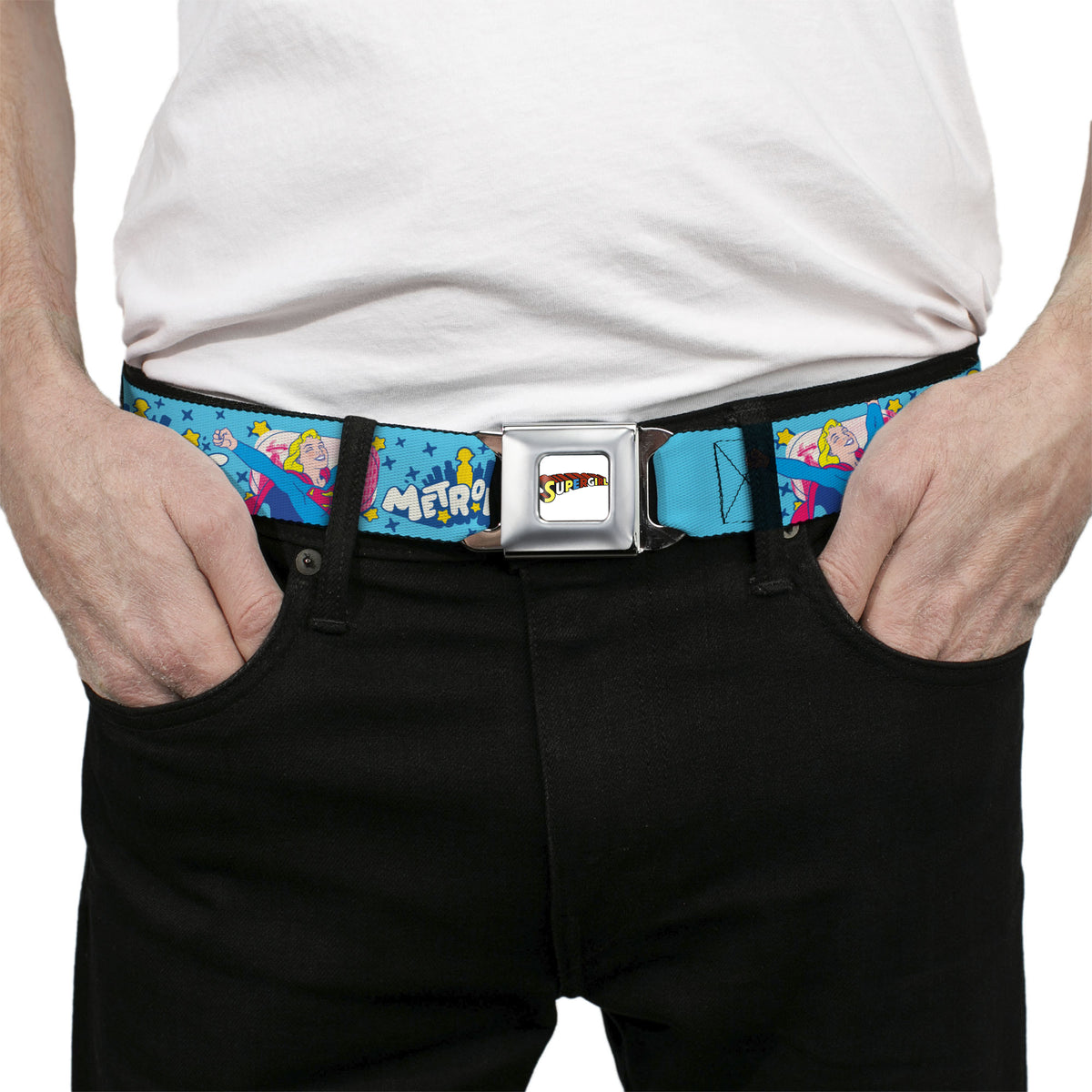 SUPERGIRL Title Full Color White/Multi Color Seatbelt Belt - Supergirl METROPOLIS Pop Art Pose Blues/Yellow/White Webbing Seatbelt Belts DC Comics