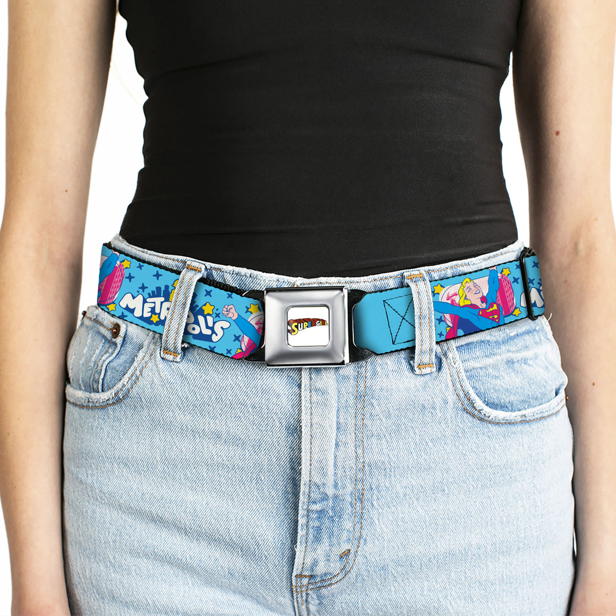 SUPERGIRL Title Full Color White/Multi Color Seatbelt Belt - Supergirl METROPOLIS Pop Art Pose Blues/Yellow/White Webbing Seatbelt Belts DC Comics