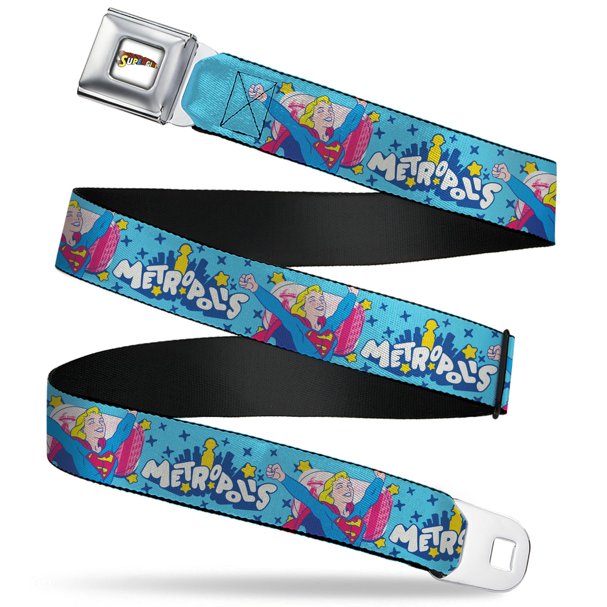 SUPERGIRL Title Full Color White/Multi Color Seatbelt Belt - Supergirl METROPOLIS Pop Art Pose Blues/Yellow/White Webbing Seatbelt Belts DC Comics