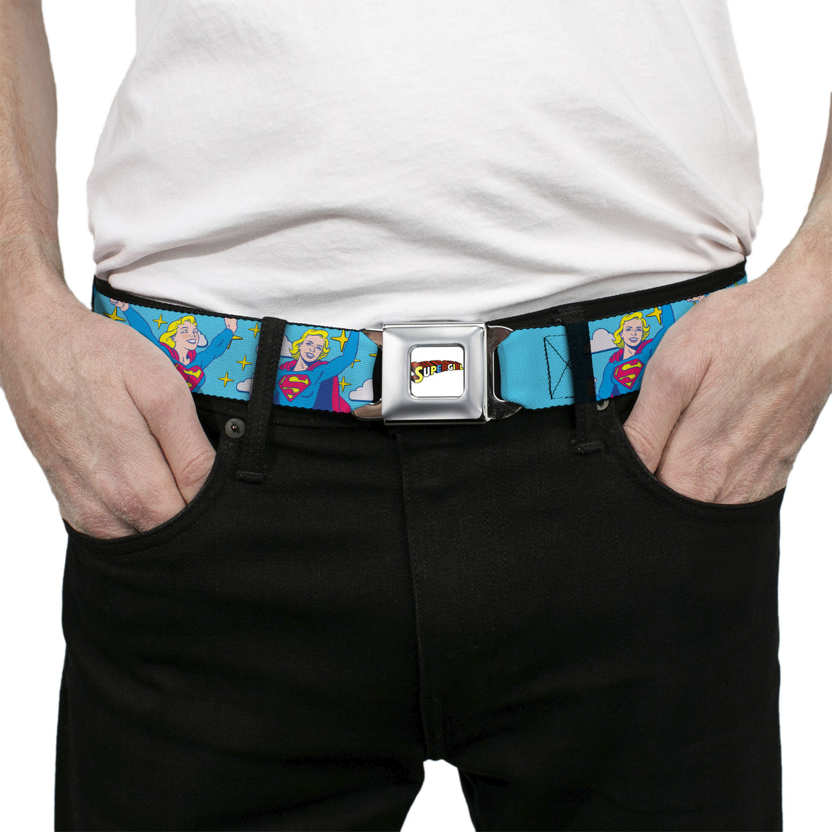 SUPERGIRL Title Full Color White/Multi Color Seatbelt Belt - Supergirl Two Pop Poses and Stars Blue Webbing Seatbelt Belts DC Comics