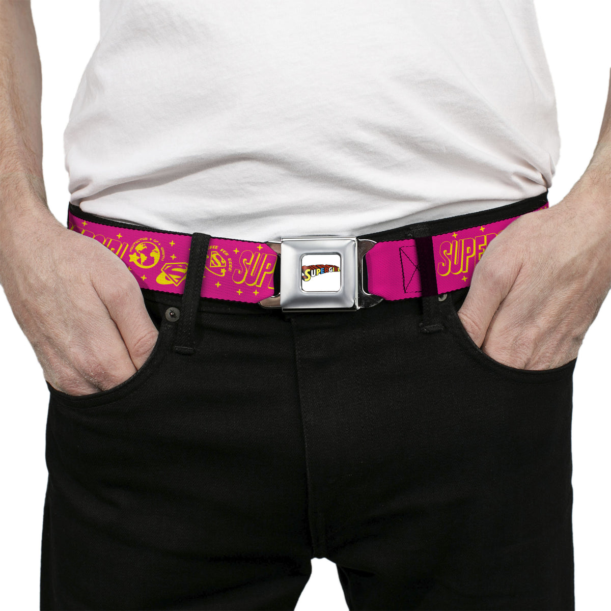 SUPERGIRL Title Full Color White/Multi Color Seatbelt Belt - SUPERGIRL Icons and Text Collage Red/Yellow Webbing Seatbelt Belts DC Comics