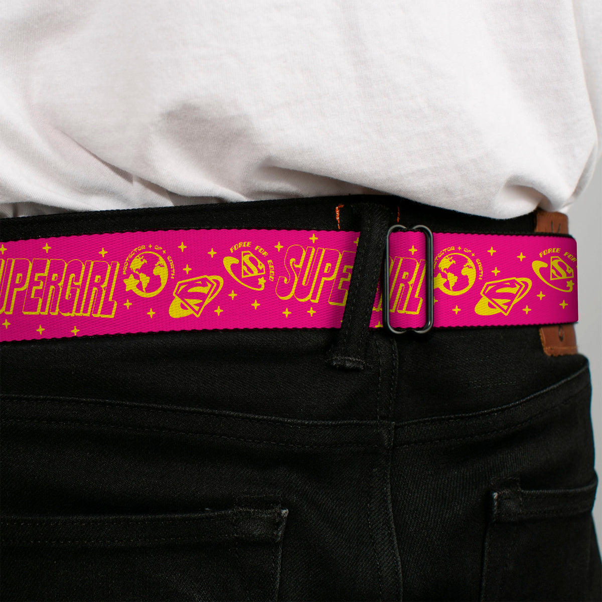 SUPERGIRL Title Full Color White/Multi Color Seatbelt Belt - SUPERGIRL Icons and Text Collage Red/Yellow Webbing Seatbelt Belts DC Comics