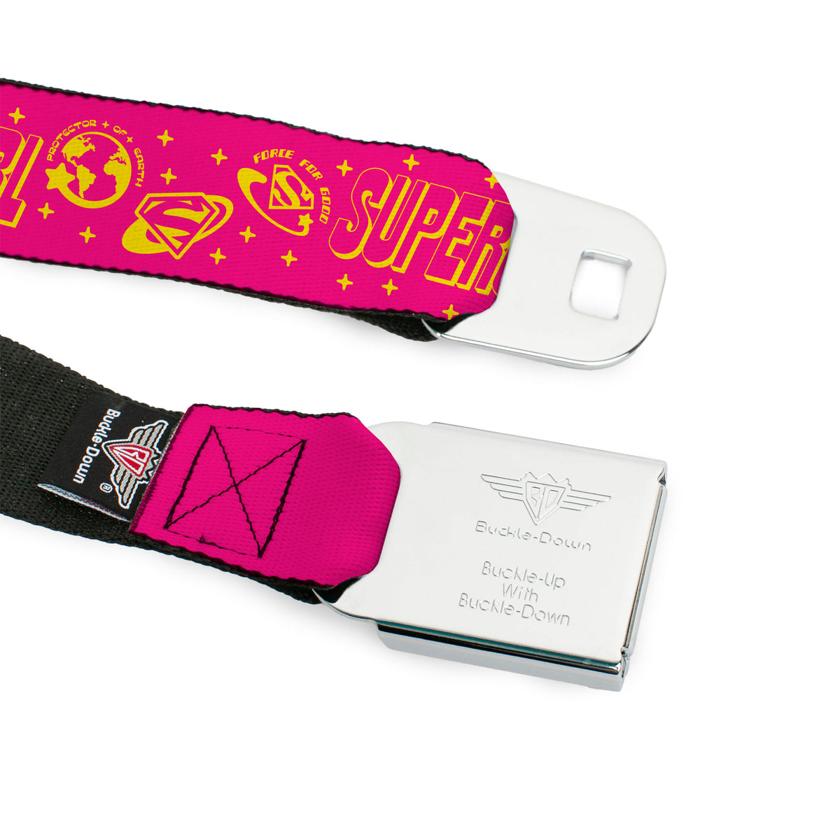 SUPERGIRL Title Full Color White/Multi Color Seatbelt Belt - SUPERGIRL Icons and Text Collage Red/Yellow Webbing Seatbelt Belts DC Comics