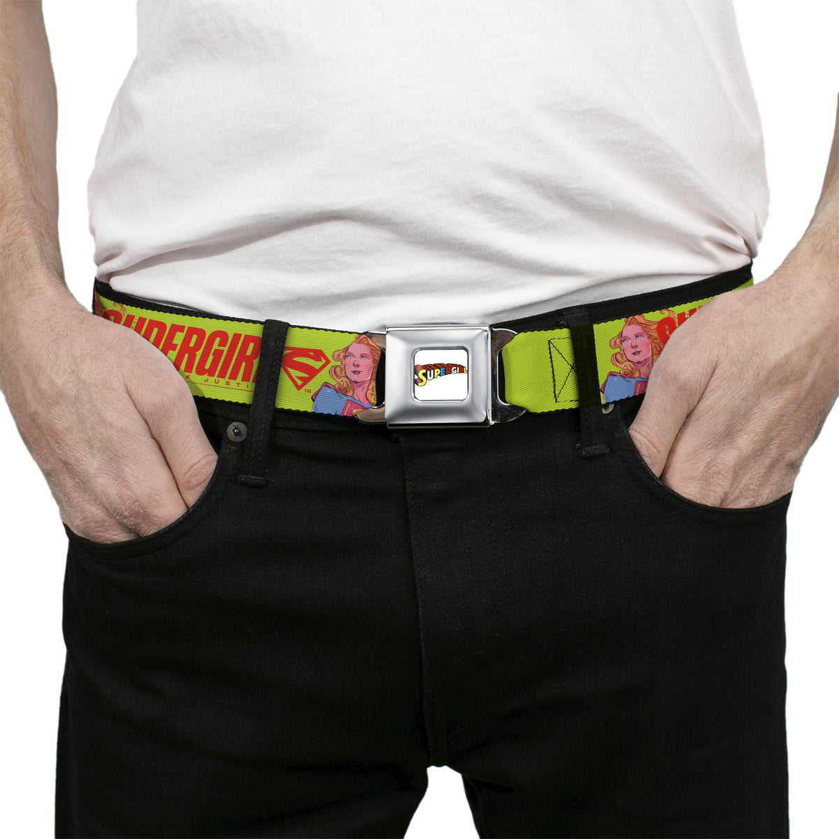 SUPERGIRL Title Full Color White/Multi Color Seatbelt Belt - SUPERGIRL DEFENDER OF JUSTICE Pose Yellow/Red Webbing Seatbelt Belts DC Comics