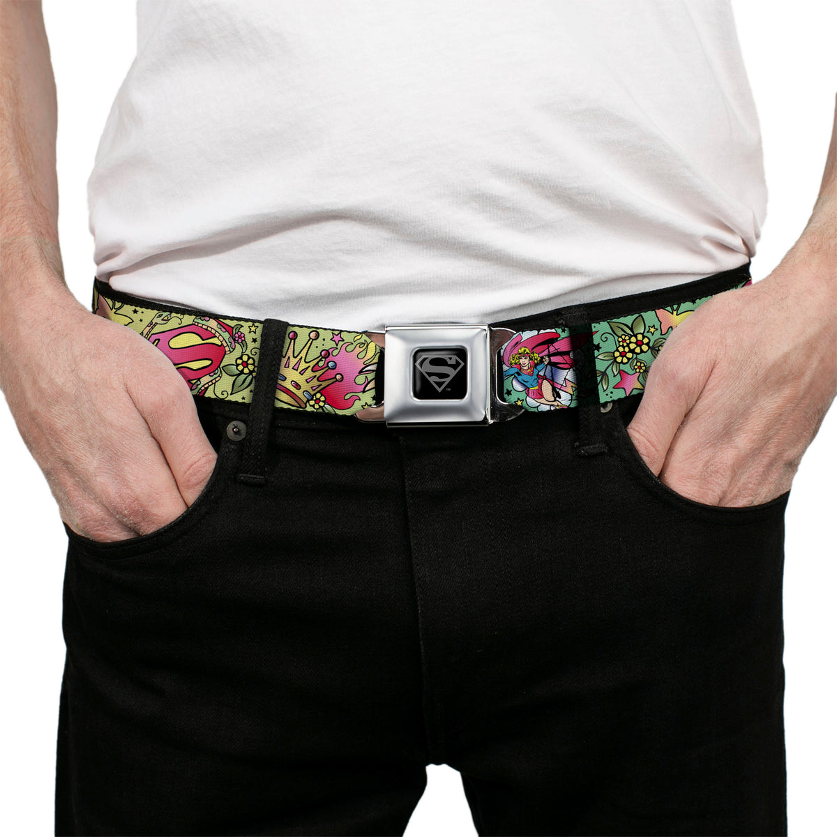 Superman Black Silver Seatbelt Belt - Supergirl Tattoo Scene Webbing Seatbelt Belts DC Comics
