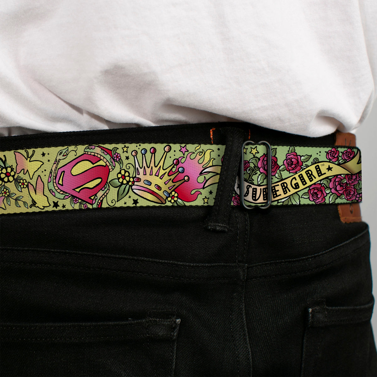 Superman Black Silver Seatbelt Belt - Supergirl Tattoo Scene Webbing Seatbelt Belts DC Comics