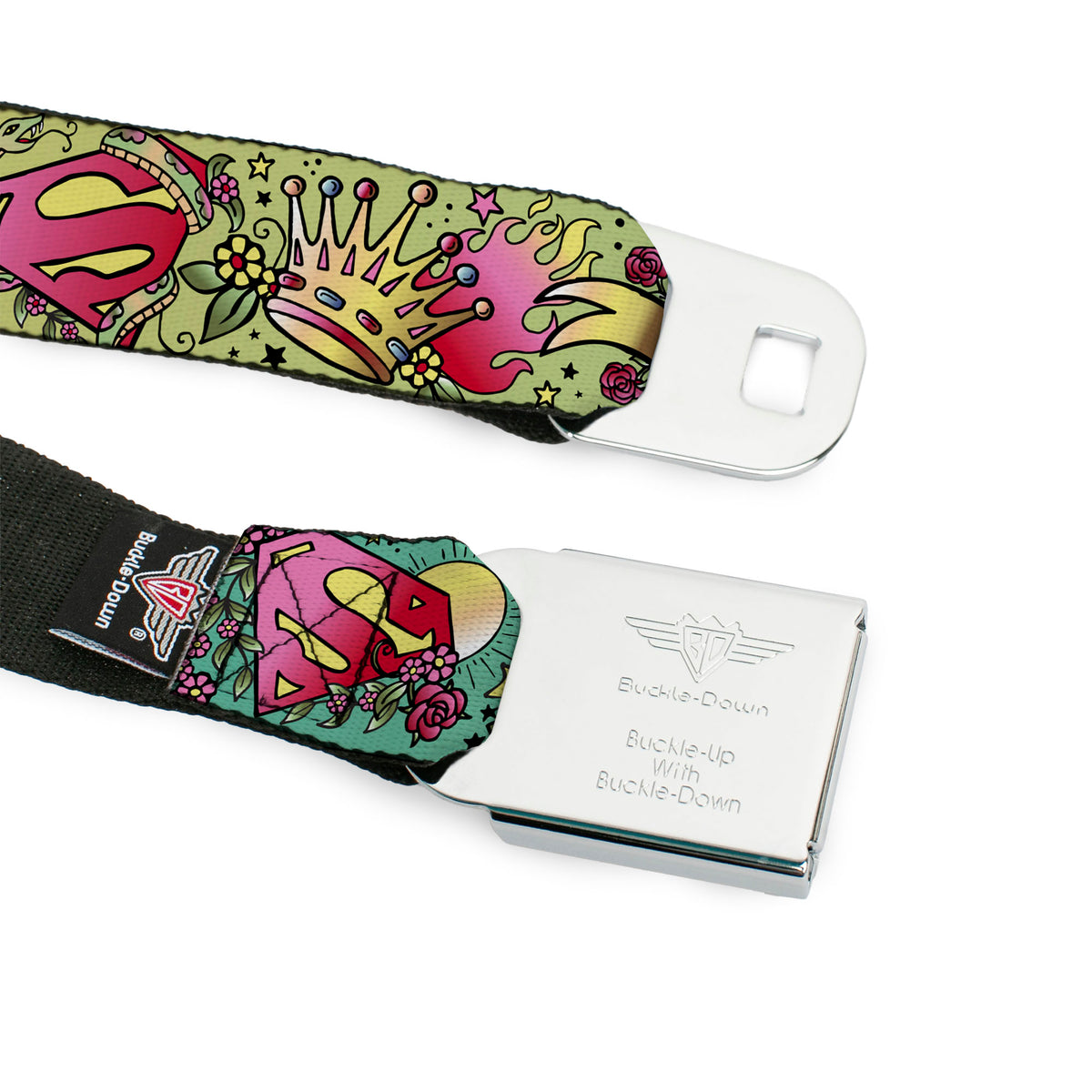 Superman Black Silver Seatbelt Belt - Supergirl Tattoo Scene Webbing Seatbelt Belts DC Comics
