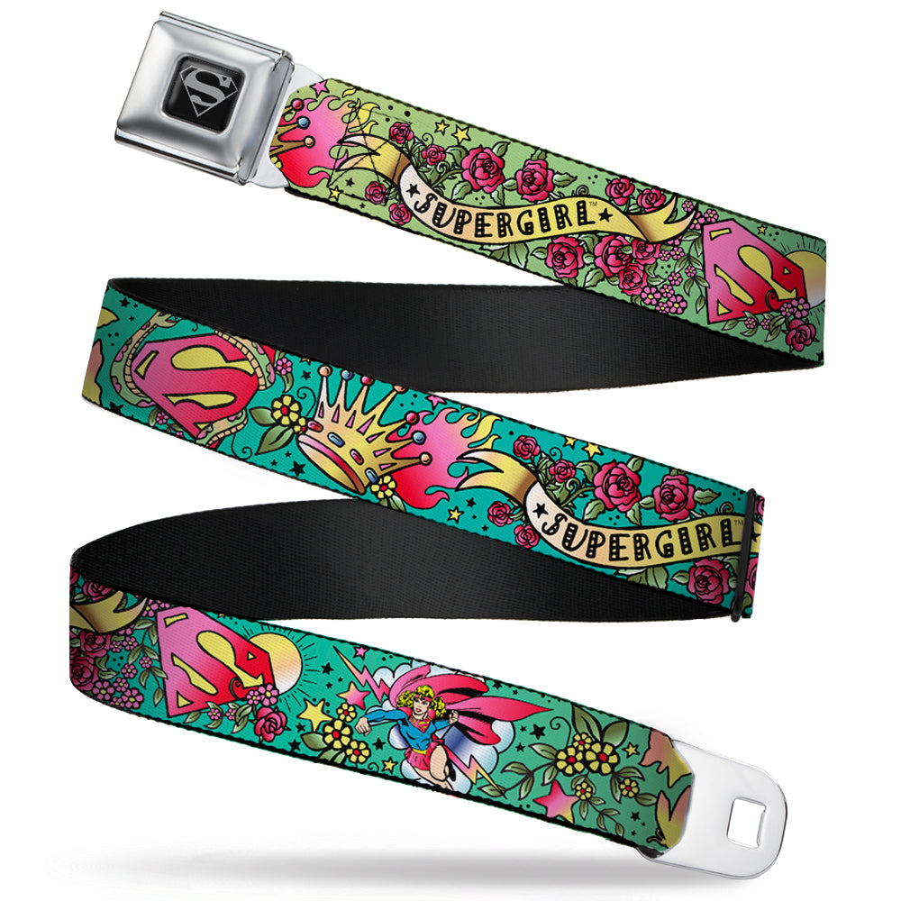 Superman Black Silver Seatbelt Belt - Supergirl Tattoo Scene Webbing Seatbelt Belts DC Comics