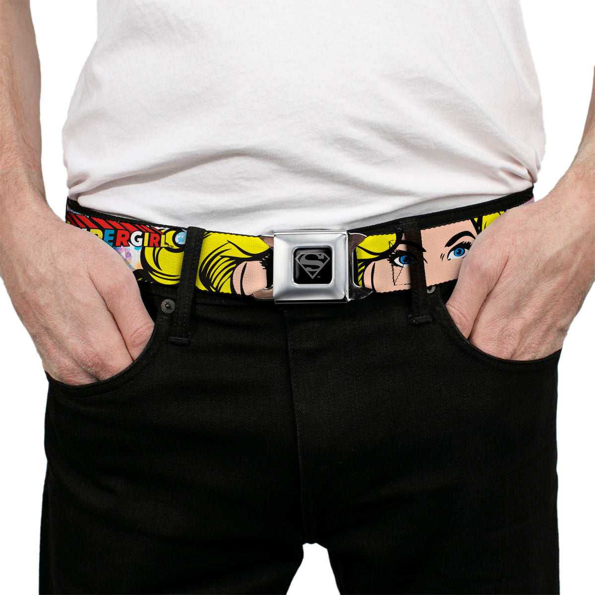 Superman Black Silver Seatbelt Belt - SUPERGIRL w/Face CLOSE-UP Webbing Seatbelt Belts DC Comics