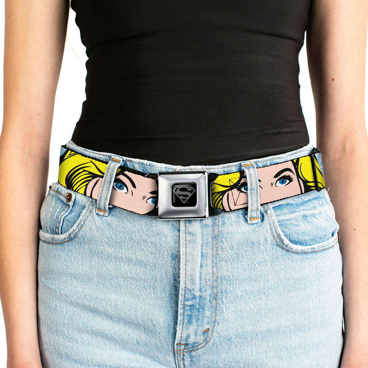 Superman Black Silver Seatbelt Belt - SUPERGIRL w/Face CLOSE-UP Webbing Seatbelt Belts DC Comics
