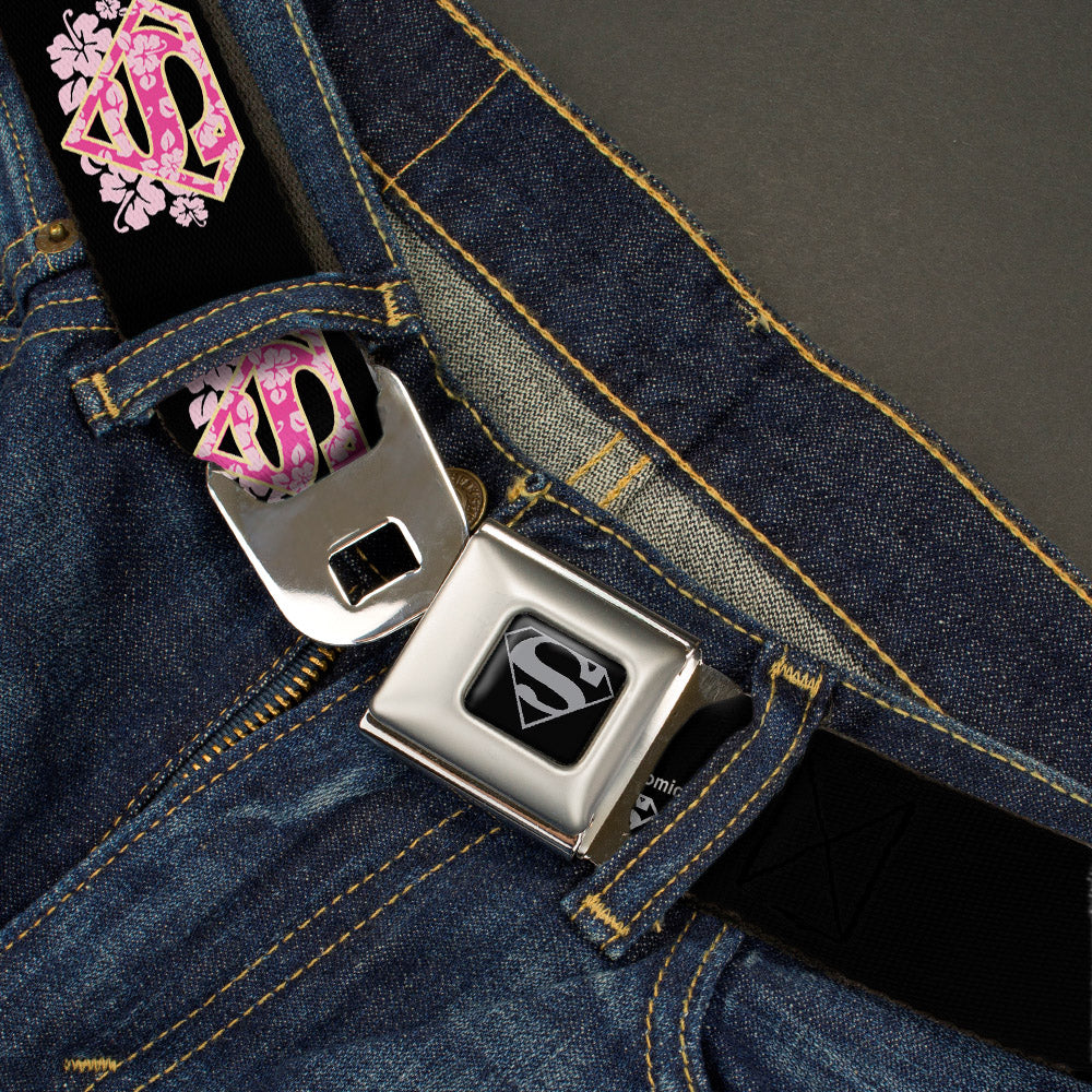 Superman Black Silver Seatbelt Belt - Super Shield Hibiscus Design Black/Pink Webbing Seatbelt Belts DC Comics
