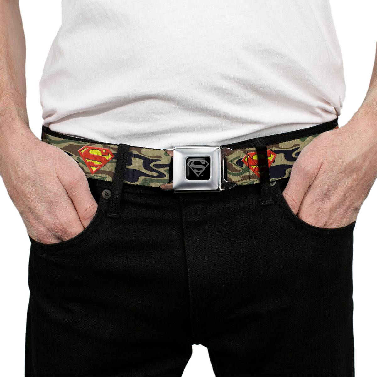 Superman Black Silver Seatbelt Belt - Superman Shield Camo Olive Webbing Seatbelt Belts DC Comics