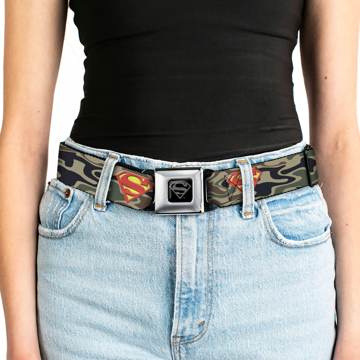Superman Black Silver Seatbelt Belt - Superman Shield Camo Olive Webbing Seatbelt Belts DC Comics