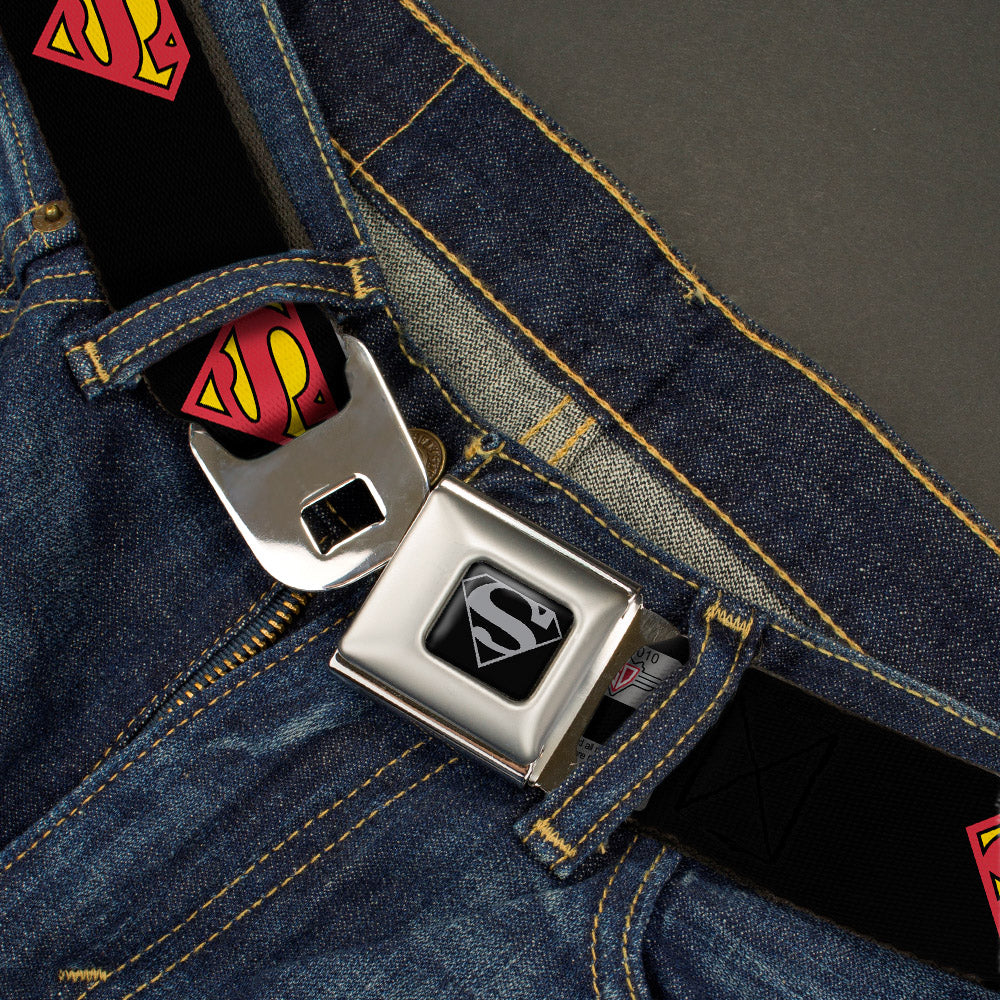 Superman Black Silver Seatbelt Belt - Superman Shield Black Webbing Seatbelt Belts DC Comics