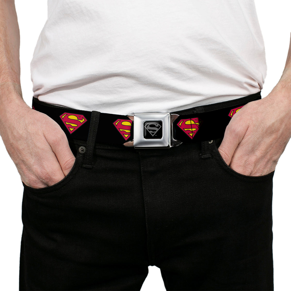 Superman Black Silver Seatbelt Belt - Superman Shield Black Webbing Seatbelt Belts DC Comics