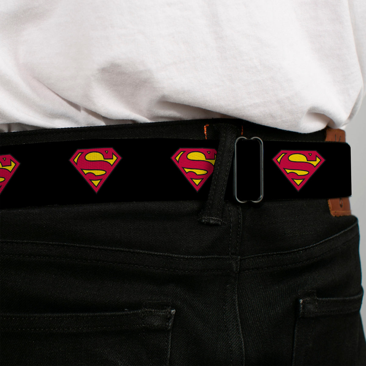 Superman Black Silver Seatbelt Belt - Superman Shield Black Webbing Seatbelt Belts DC Comics