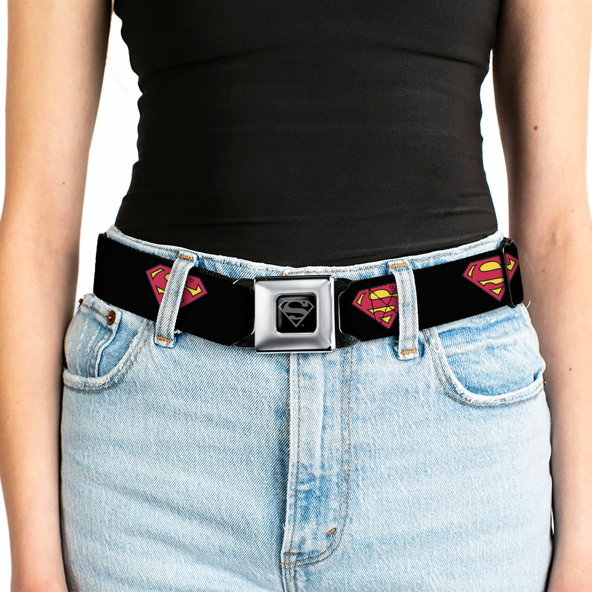Superman Black Silver Seatbelt Belt - Superman Shield Black Webbing Seatbelt Belts DC Comics