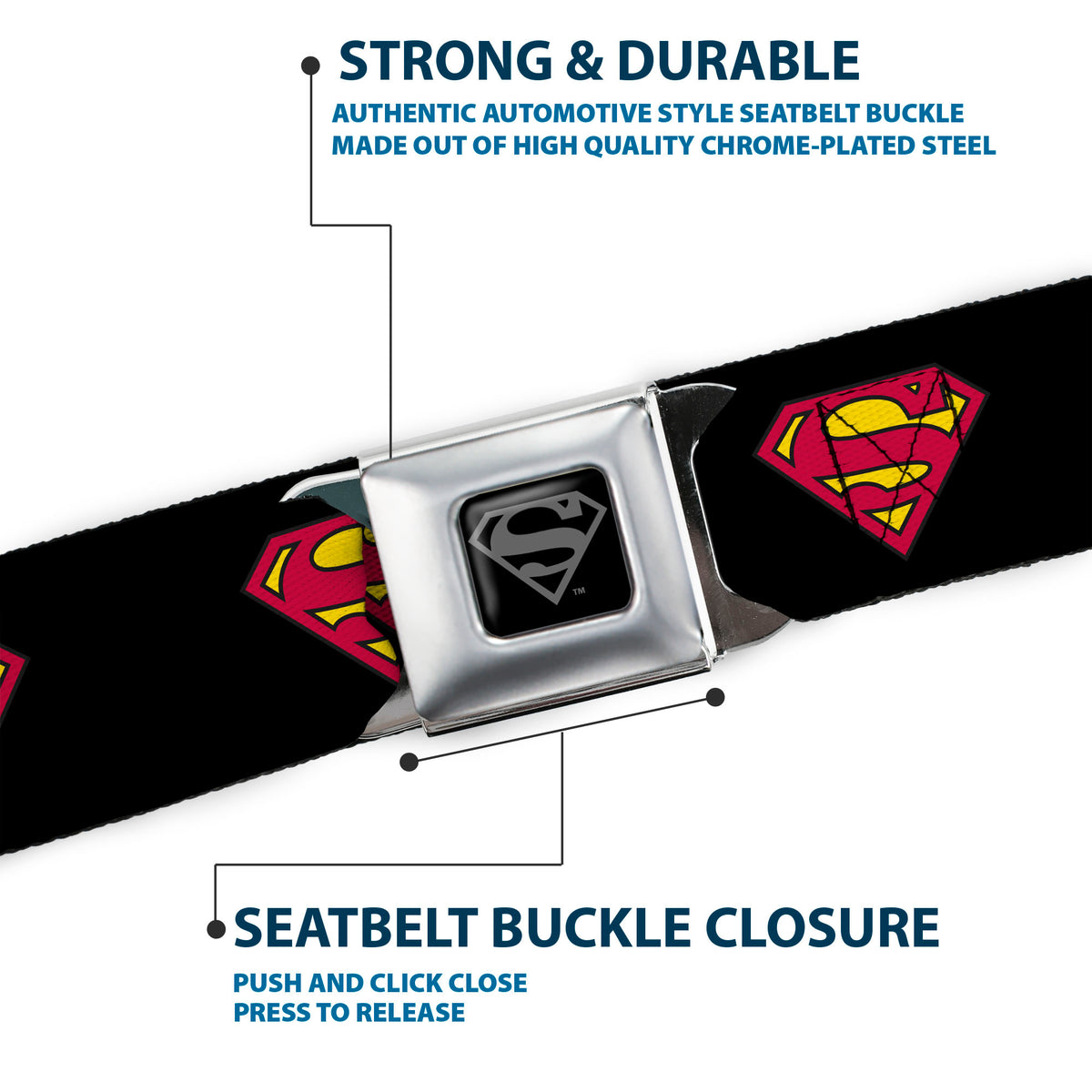 Superman Black Silver Seatbelt Belt - Superman Shield Black Webbing Seatbelt Belts DC Comics