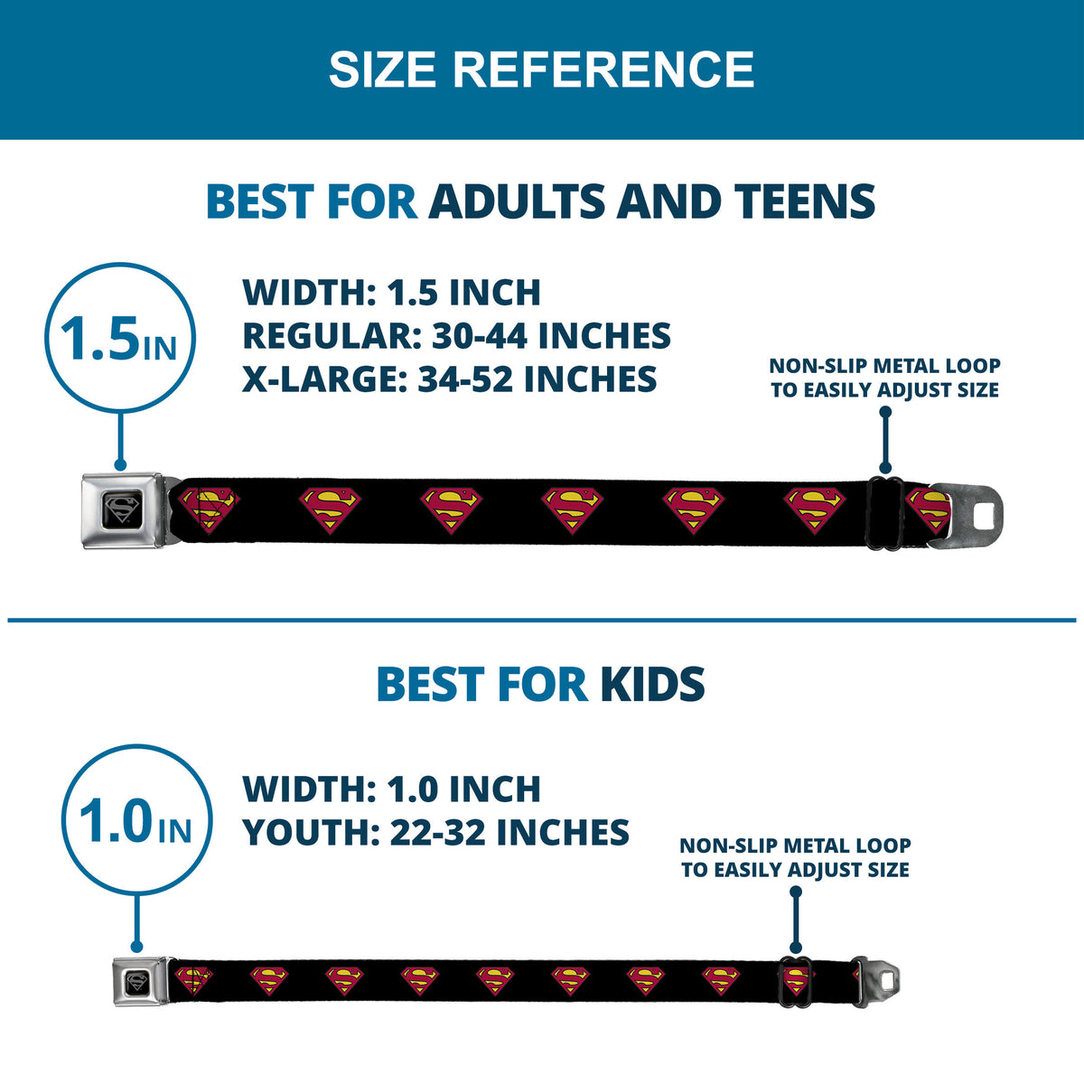 Superman Black Silver Seatbelt Belt - Superman Shield Black Webbing Seatbelt Belts DC Comics