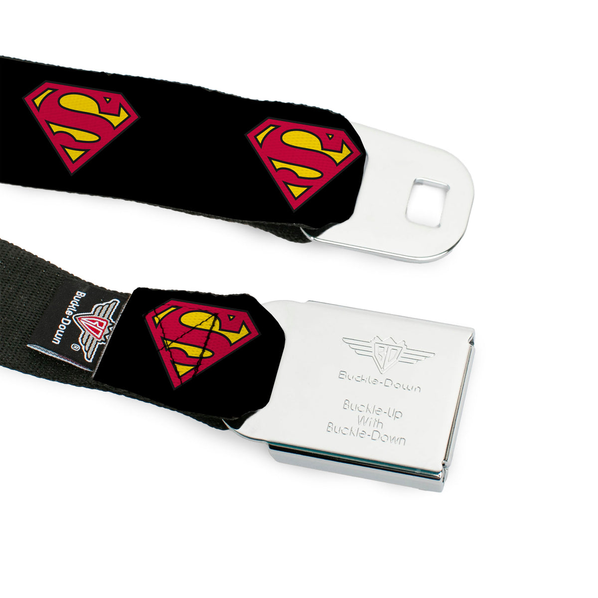 Superman Black Silver Seatbelt Belt - Superman Shield Black Webbing Seatbelt Belts DC Comics