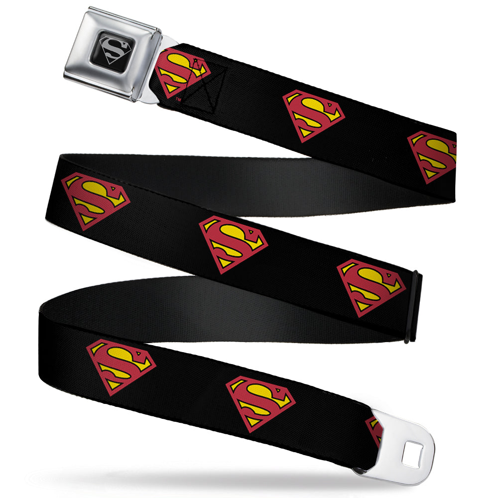 Superman Black Silver Seatbelt Belt - Superman Shield Black Webbing Seatbelt Belts DC Comics