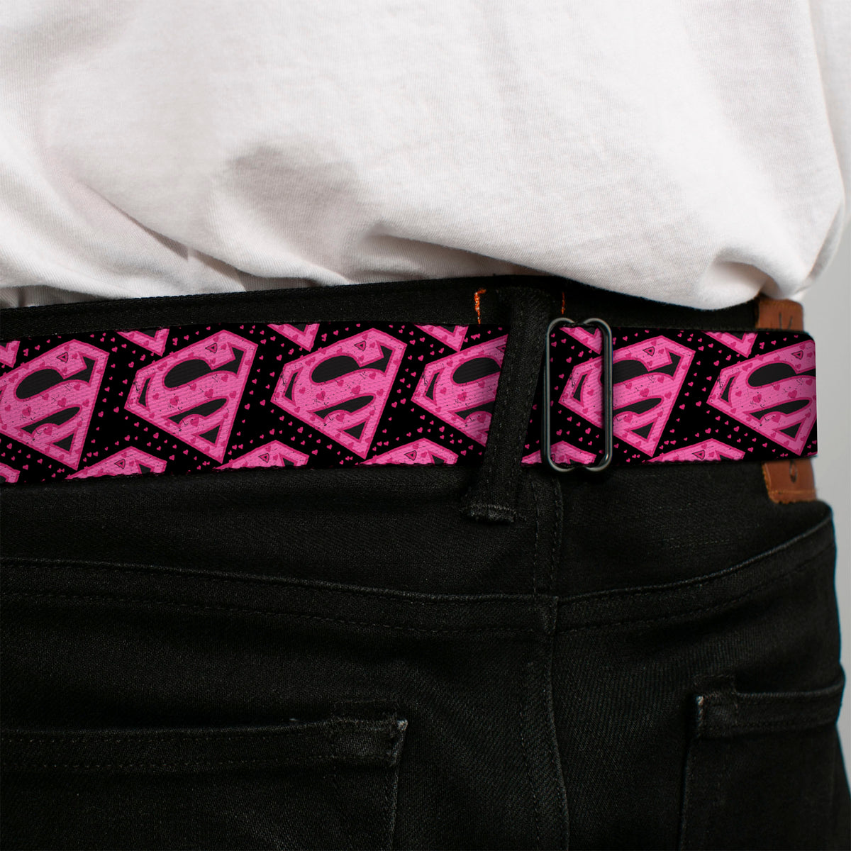 Superman Black Silver Seatbelt Belt - Diagonal Superman Logo w/Hearts Black/Pink Webbing Seatbelt Belts DC Comics