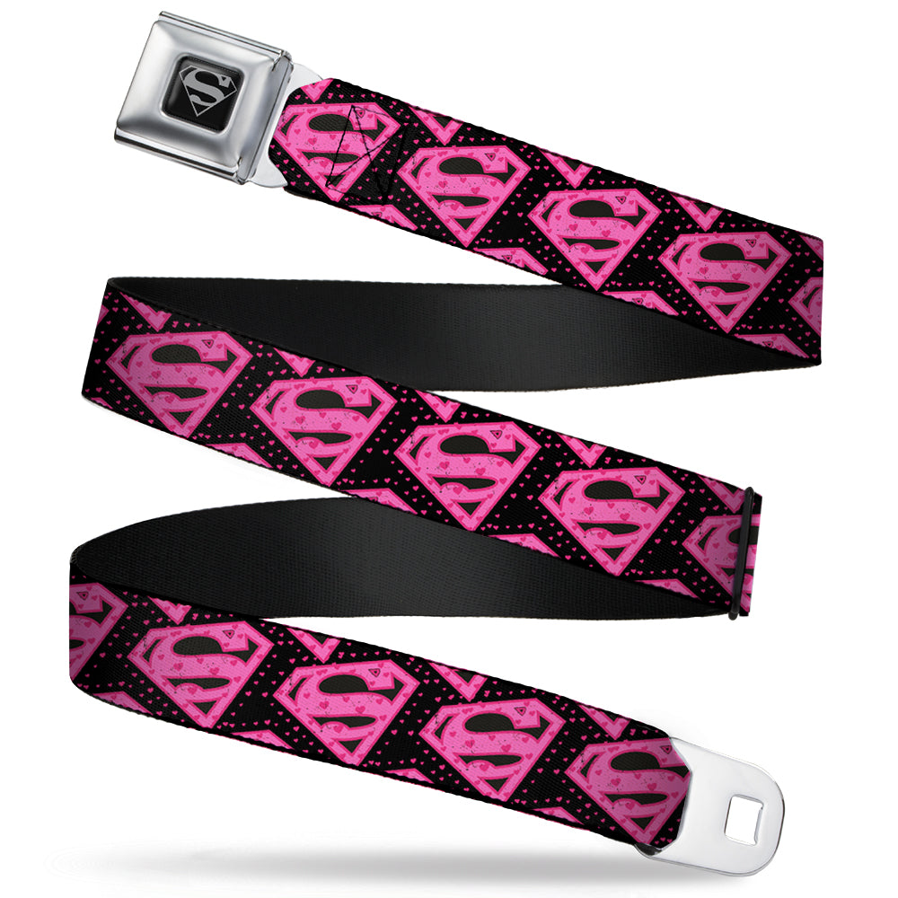 Superman Black Silver Seatbelt Belt - Diagonal Superman Logo w/Hearts Black/Pink Webbing Seatbelt Belts DC Comics
