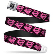 Superman Black Silver Seatbelt Belt - Diagonal Superman Logo w/Hearts Black/Pink Webbing Seatbelt Belts DC Comics