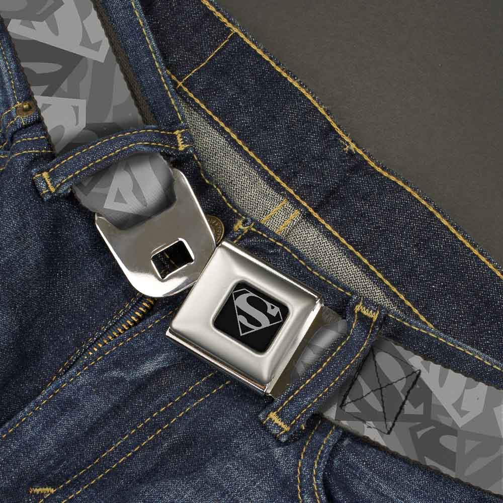 Superman Black Silver Seatbelt Belt - Superman Shield Camouflage Grays Webbing Seatbelt Belts DC Comics