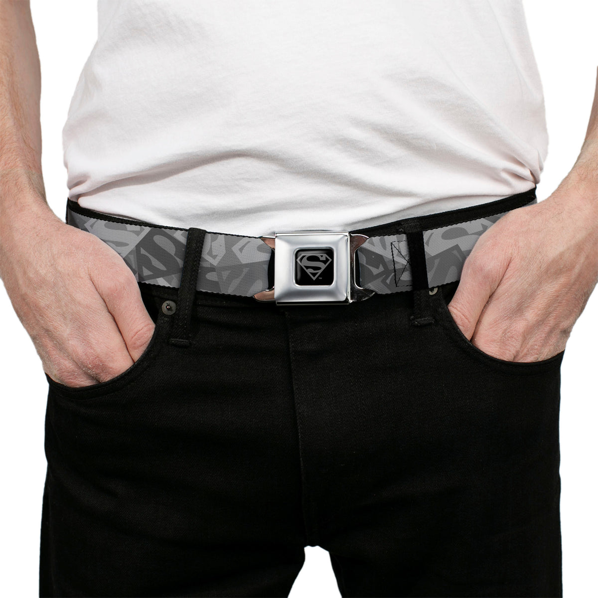 Superman Black Silver Seatbelt Belt - Superman Shield Camouflage Grays Webbing Seatbelt Belts DC Comics