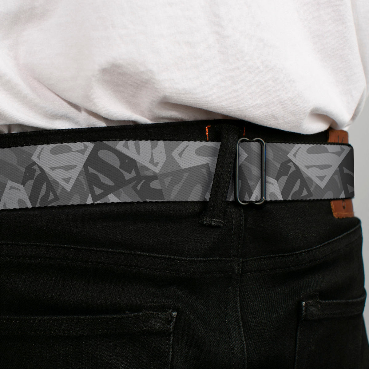 Superman Black Silver Seatbelt Belt - Superman Shield Camouflage Grays Webbing Seatbelt Belts DC Comics