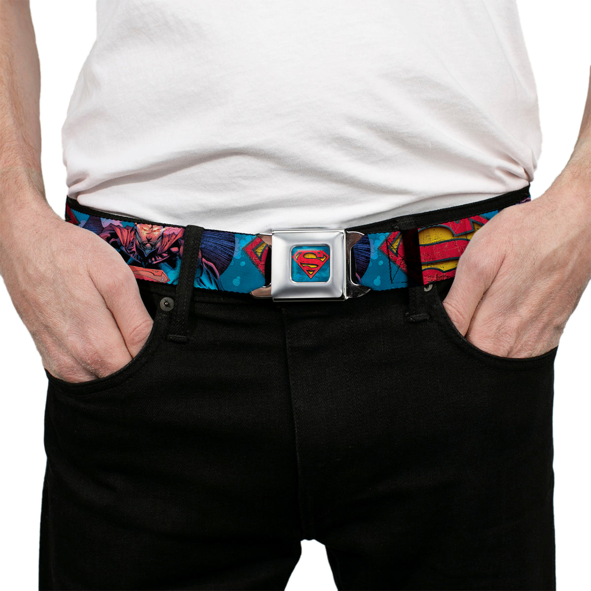Superman Shield Weathered Full Color Blue Red Yellow Seatbelt Belt - Superman Unchained Under Sea Pose/Shield Blues/Gray/Red/Yellow Webbing Seatbelt Belts DC Comics