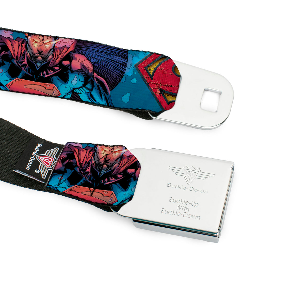 Superman Shield Weathered Full Color Blue Red Yellow Seatbelt Belt - Superman Unchained Under Sea Pose/Shield Blues/Gray/Red/Yellow Webbing Seatbelt Belts DC Comics
