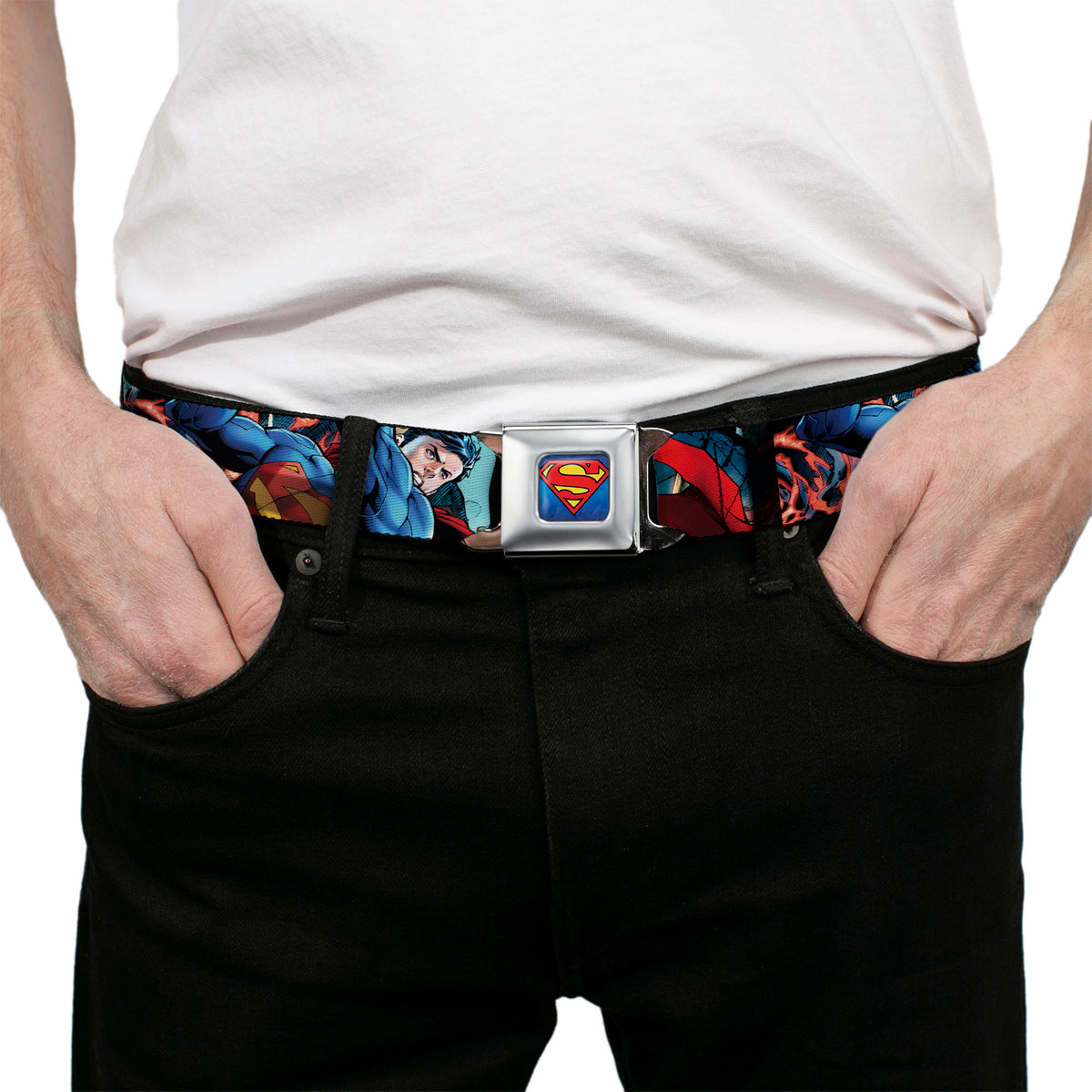 New 52 Superman Shield Explosion Full Color Blues Red Yellow Seatbelt Belt - New 52 Superman 1-Action Pose/Explosion/Bullets CLOSE-UP Light Blue Webbing Seatbelt Belts DC Comics