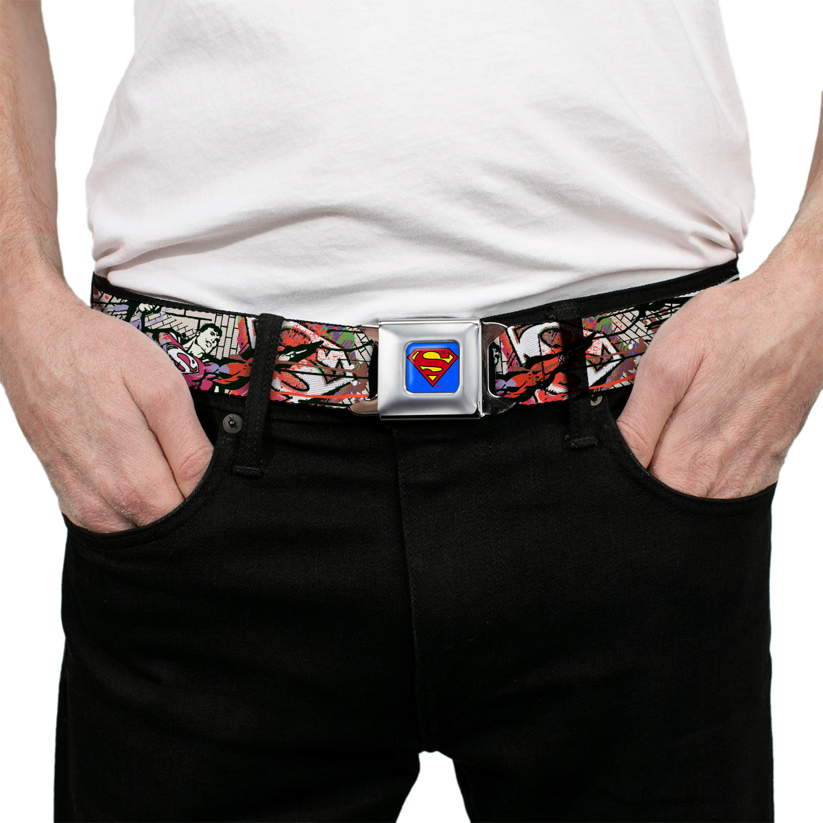Superman Full Color Blue Seatbelt Belt - Superman Color Flying Bricks Scene Webbing Seatbelt Belts DC Comics