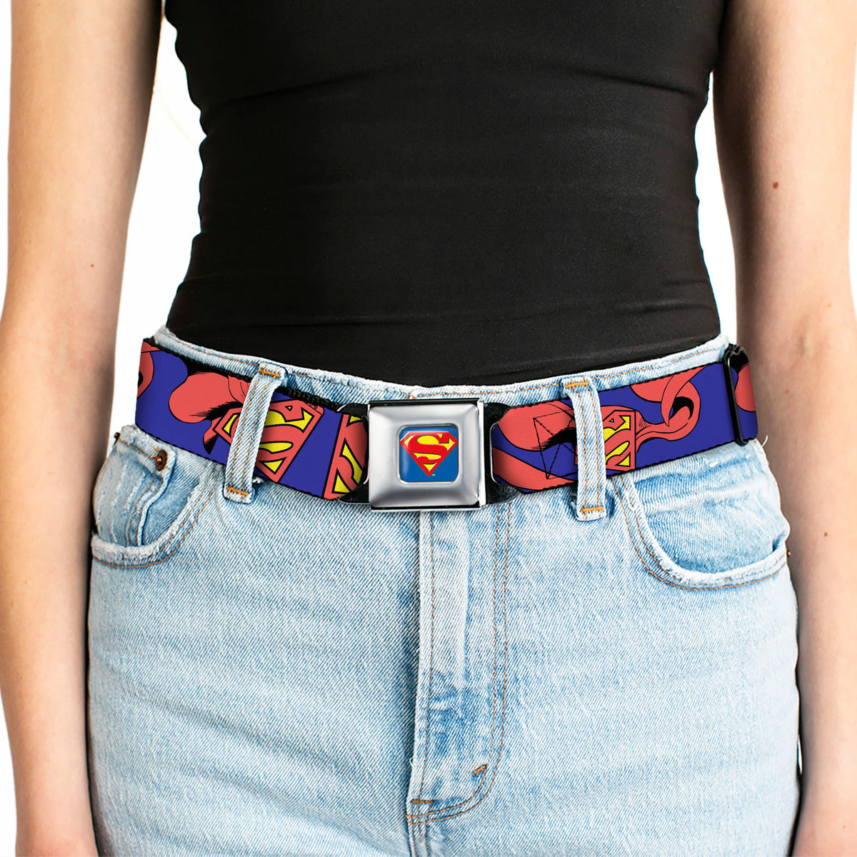 Superman Full Color Blue Seatbelt Belt - Superman Shield w/Cape Webbing Seatbelt Belts DC Comics