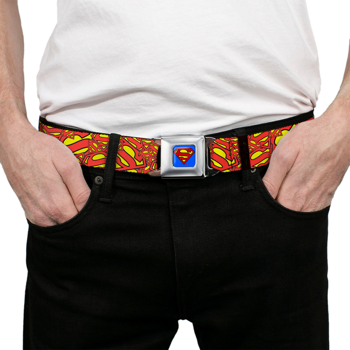 Superman Full Color Blue Seatbelt Belt - Super Shield Stacked Yellow/Red Webbing Seatbelt Belts DC Comics