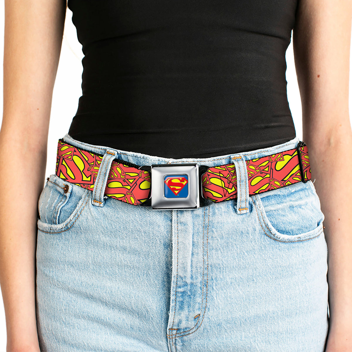 Superman Full Color Blue Seatbelt Belt - Super Shield Stacked Yellow/Red Webbing Seatbelt Belts DC Comics