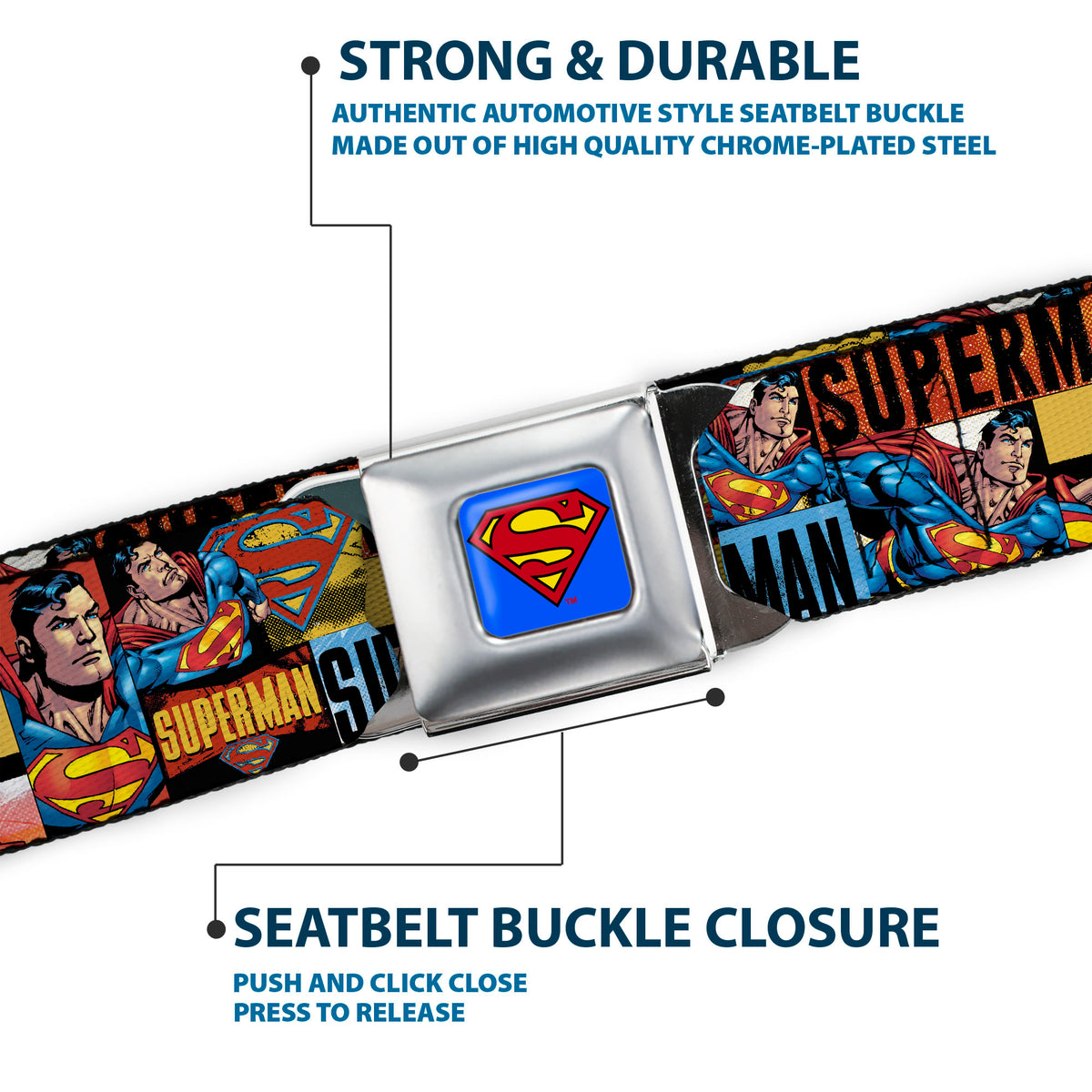 Superman Full Color Blue Seatbelt Belt - SUPERMAN Action Blocks Red/Blue Webbing Seatbelt Belts DC Comics