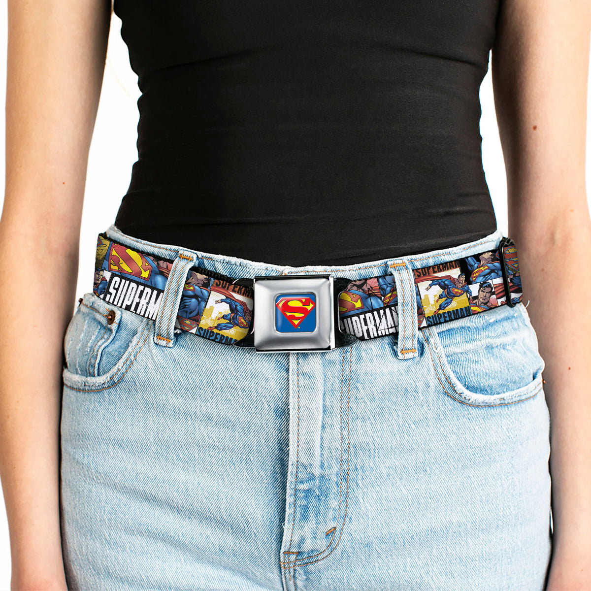 Superman Full Color Blue Seatbelt Belt - SUPERMAN Action Blocks White Webbing Seatbelt Belts DC Comics