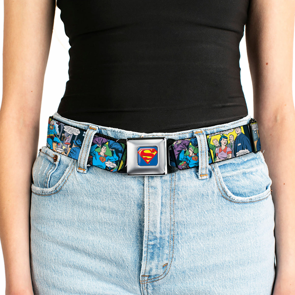 Superman Full Color Blue Seatbelt Belt - Superman Comic Panels Webbing Seatbelt Belts DC Comics